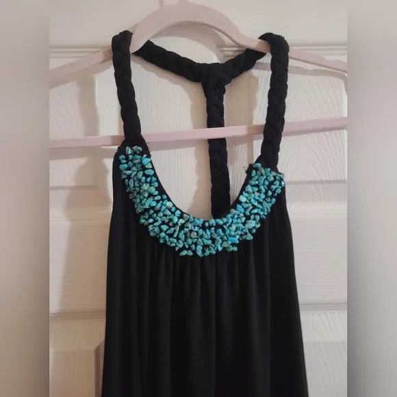 Black Dress with Turquoise Beaded Neckline - Picture 3 of 5